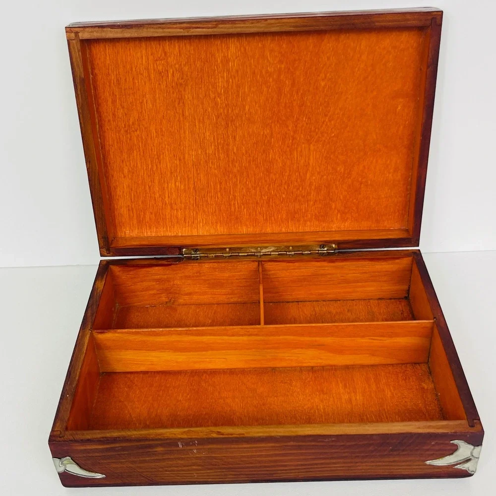 Vintage Wood Tea Storage Box Chest Brown Silver Embossed Metal Overlay Divided